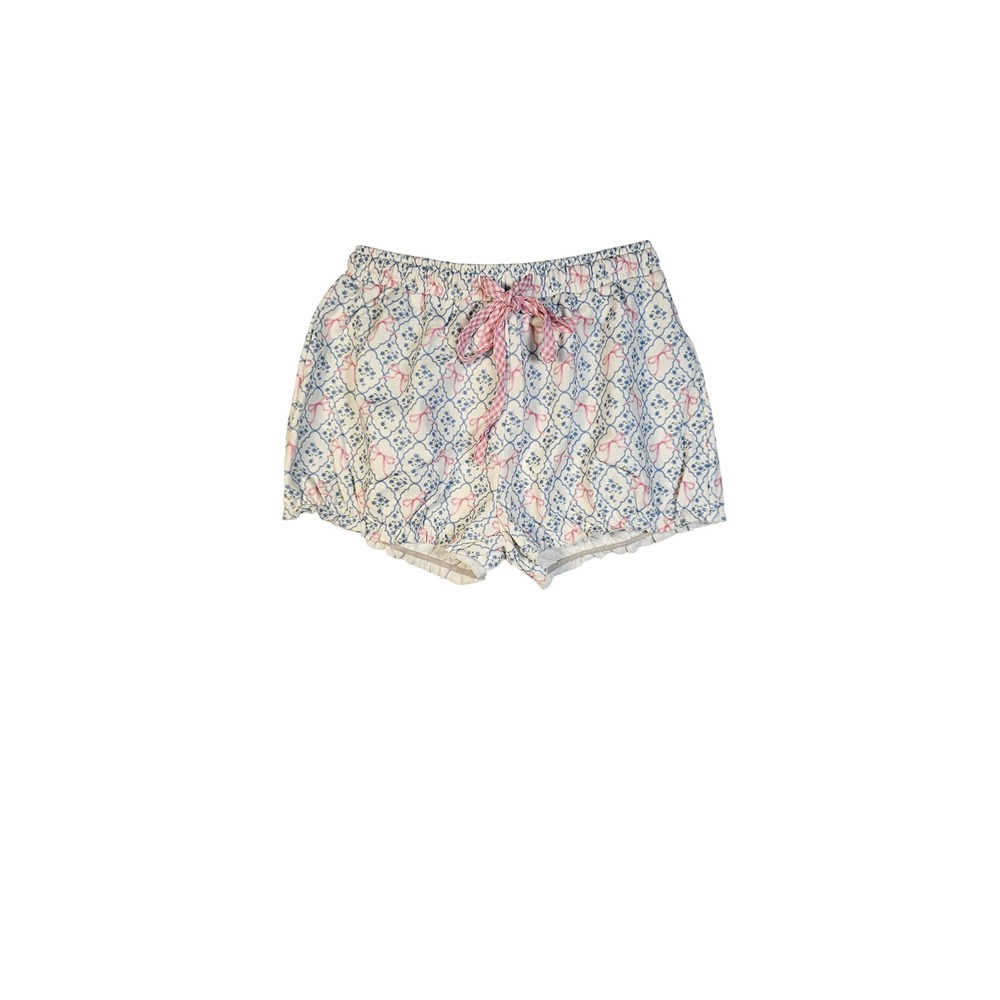 Peach Love California Floral Bow Print Ruffle Hem Lounge Shorts Blue Pink Medium